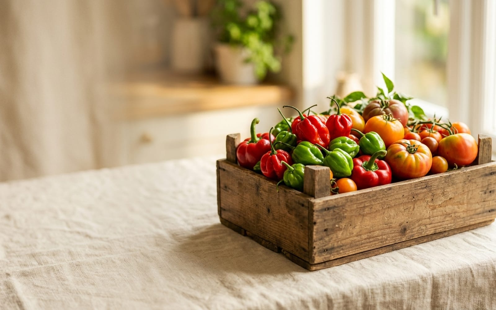 A rustic wooden crate overflowing with fresh red and green peppers and tomatoes from R&L Bioharvest Farms
